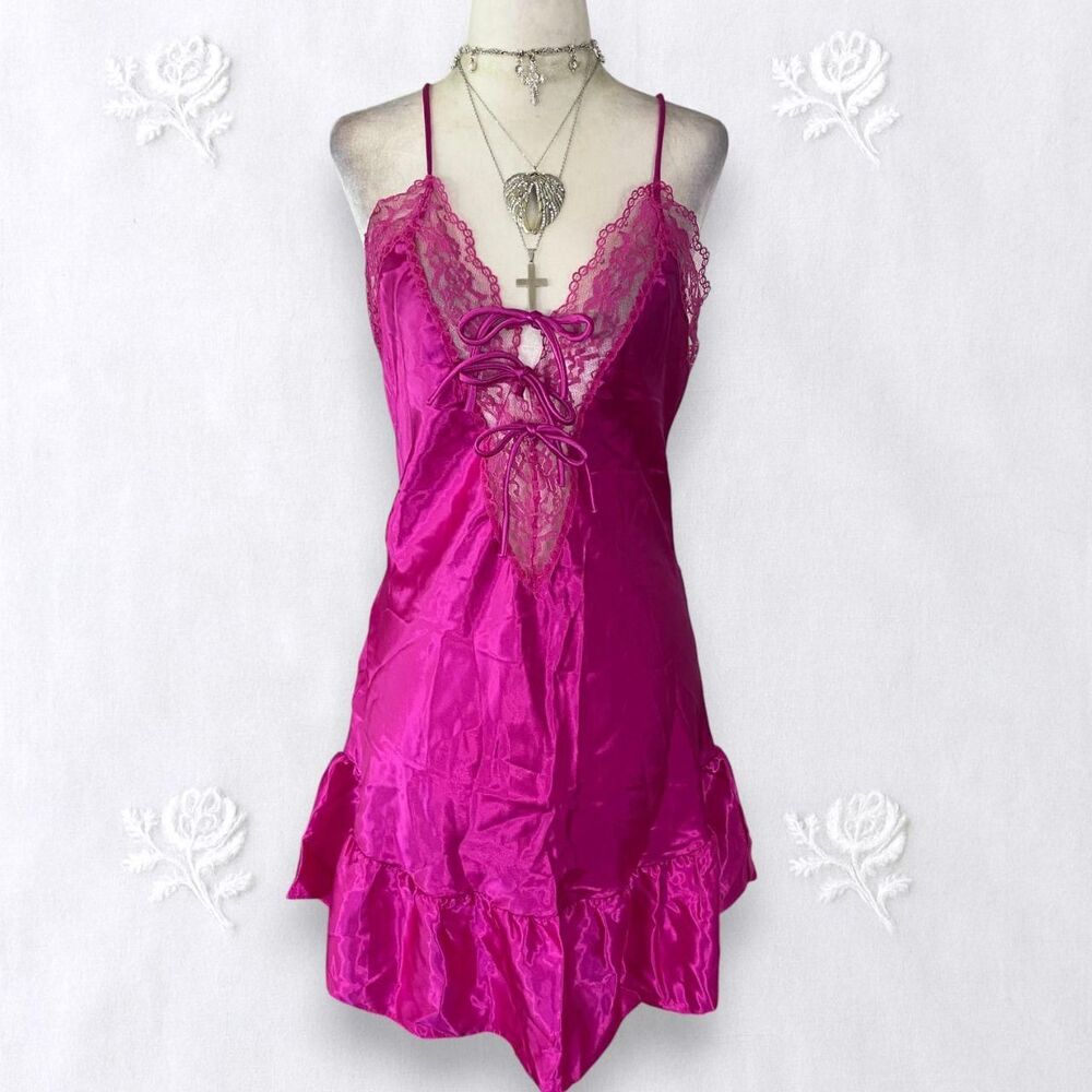 Featherbed Early 2000 Bright Pink Satin Fairy Lace Up Lingerie Slip Mini Dress